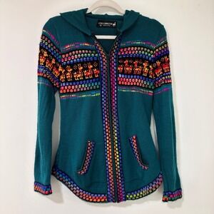 Alpaca‎ Connection Peruvian Llama Zip Hoodie Womens Medium Teal Knit | Boho